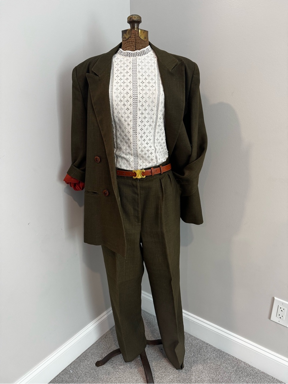 Vintage Giorgio Sant’Angelo Olive Linen Blend Oversized Pantsuit Sz 14 Quiet Lux